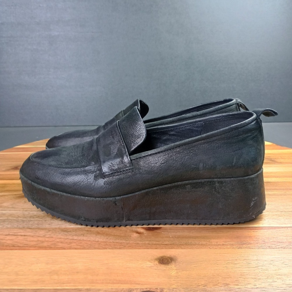 Eileen Fisher Max Platform Loafers Slip On Black‎ Sz 7.5 Tumbled Nubuck Leather